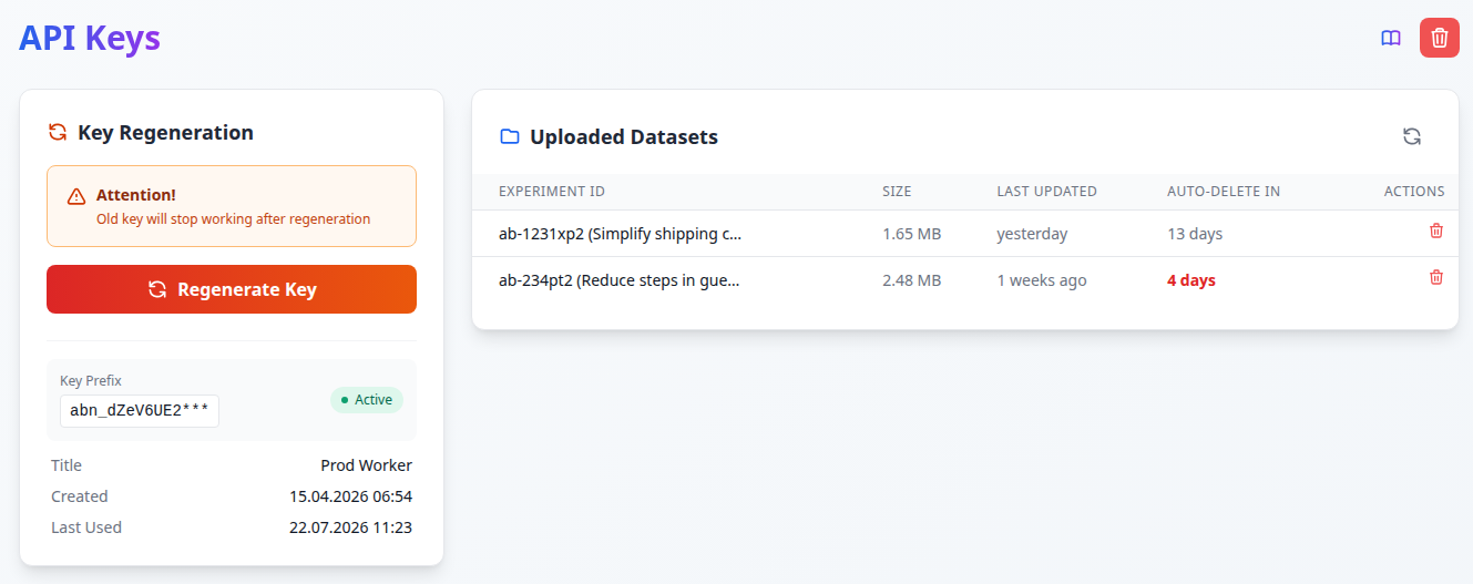 AB-Labz API settings — API keys and uploaded datasets