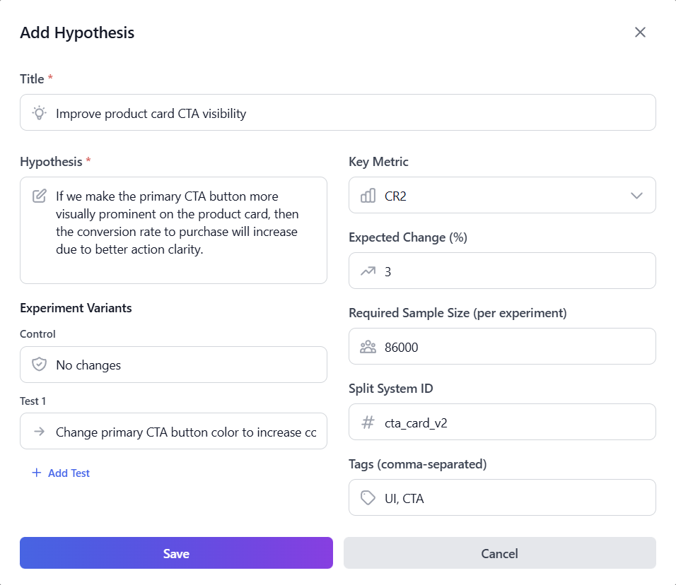 AB-Labz hypothesis creation interface with experiment setup form