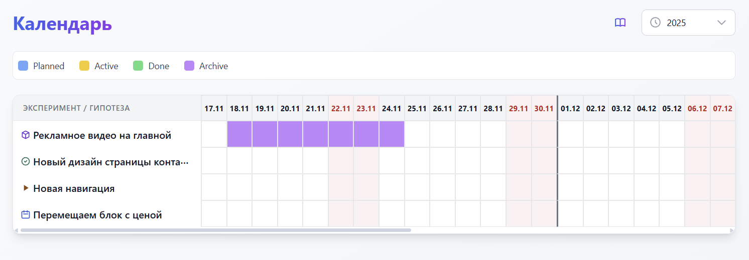 AB-Labz интерфейс календаря планирования экспериментов